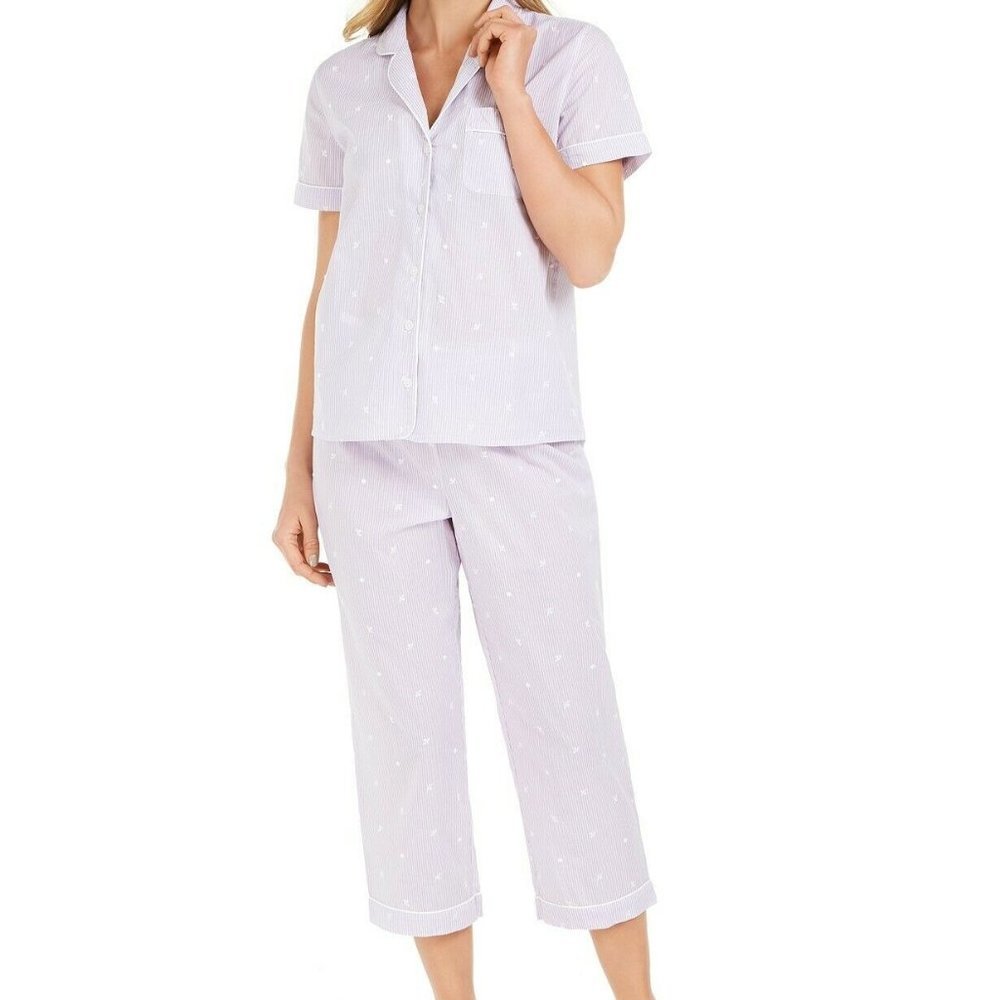 NWT! Charter Club Embroidered Stripe Capri PJ Set